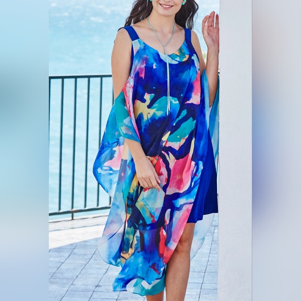 $199 MSRP Frank Lyman Design Blue /Multi Floral Cold Shoulder Maxi Dres…